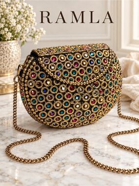 Ramla Atom Multicolored Mosaic Handmade Crossbody Clutch Bag w/ Chain New